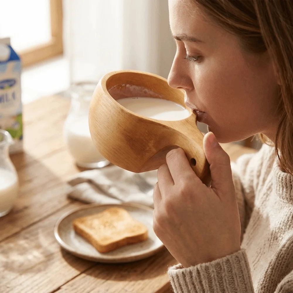 Hand Wash Suggested 200ml Coffee Mug Solid Wood Smooth Polished Tea Cup Side Handle Wood Grain Texture Coffee Cup Cafe Table