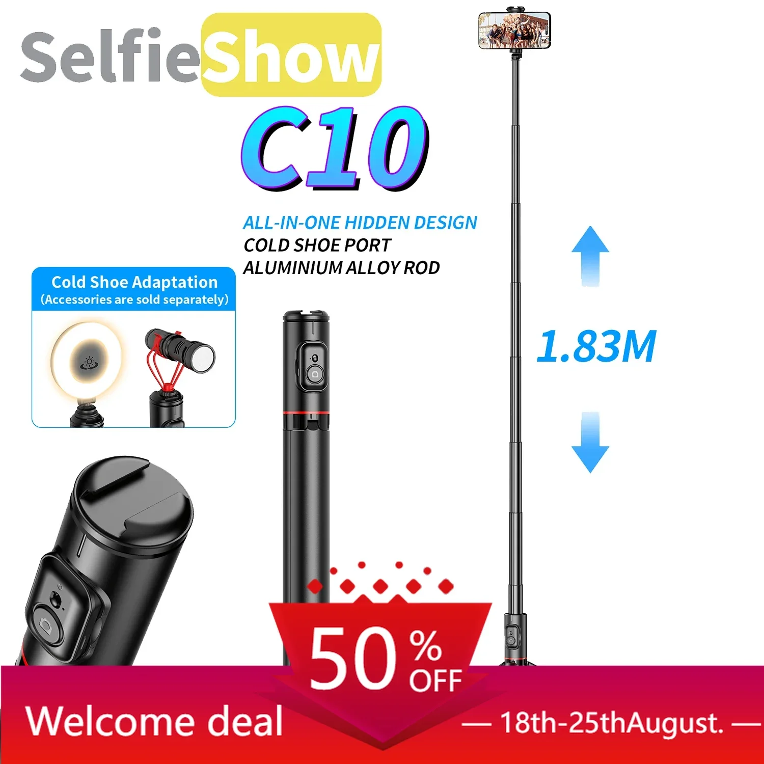 

Selfieshow C10 72 Inch Aluminum Alloy Wireless Bluetooth Tripod Selfie Stick Stand Stabilizer Tripe for iOS Android Cellphone