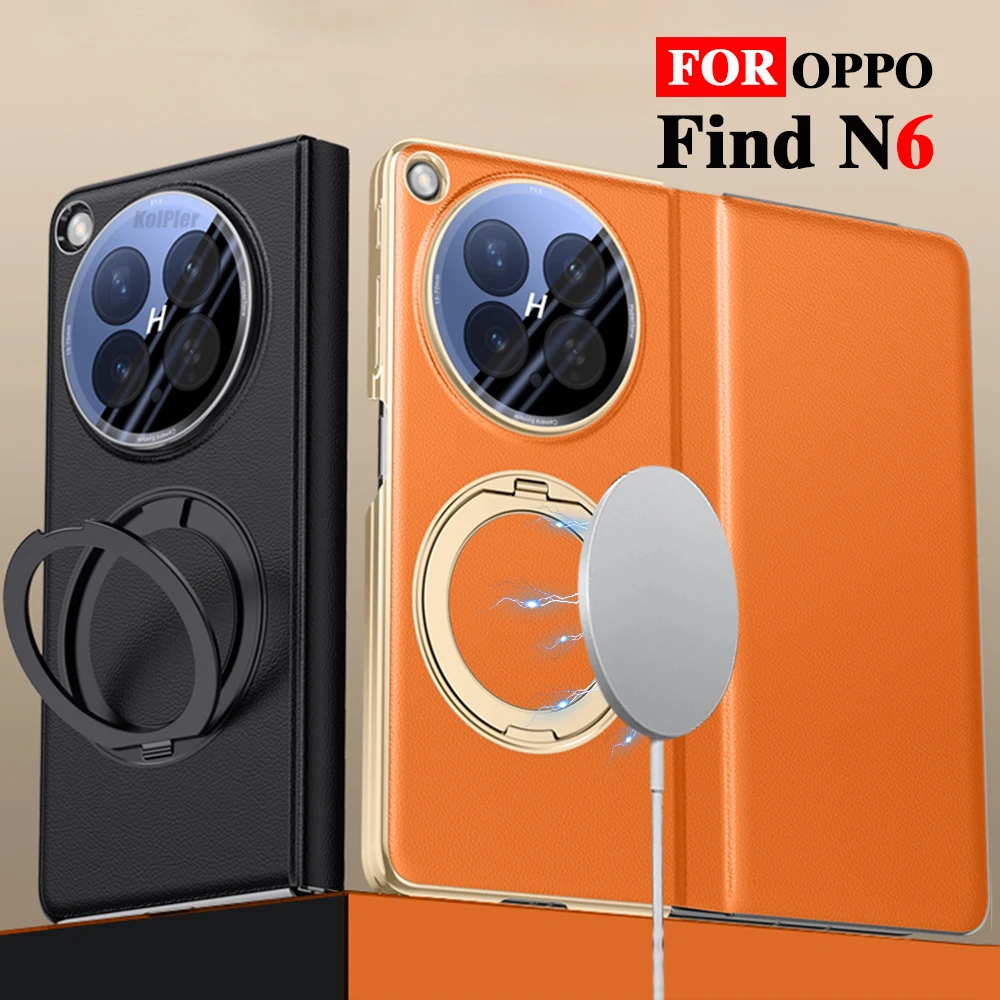 

Premium Leather Flip Case for OPPO Find N6 with 360° Rotatable Ring Stand Camera Protection Magnetic Hinge Foldable Phone Cover