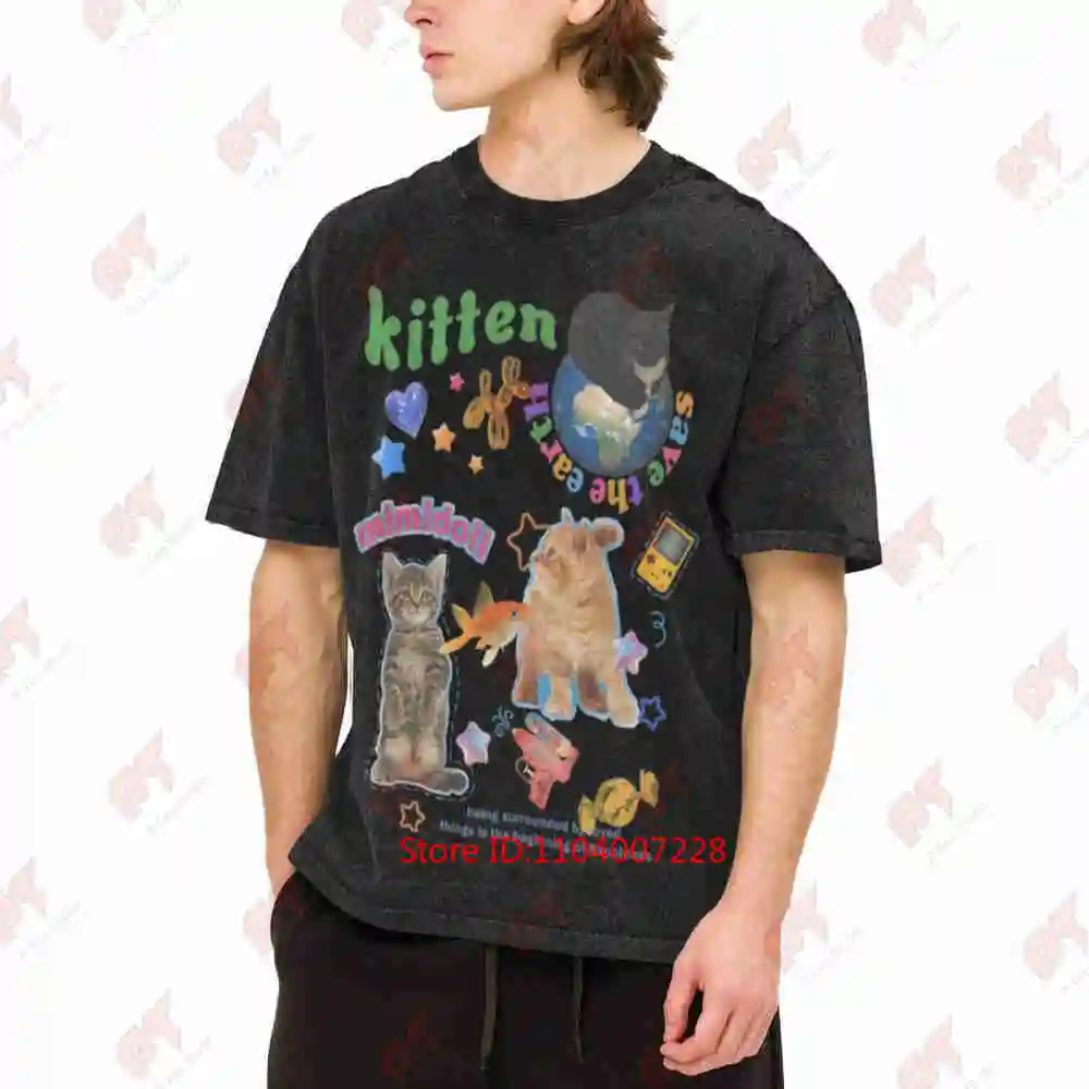 Y2K Fun Silly Cat 90S Kawaii Kidcore Meme Harajuku Vintage Washed Tee Pure Cotton T-Shirt