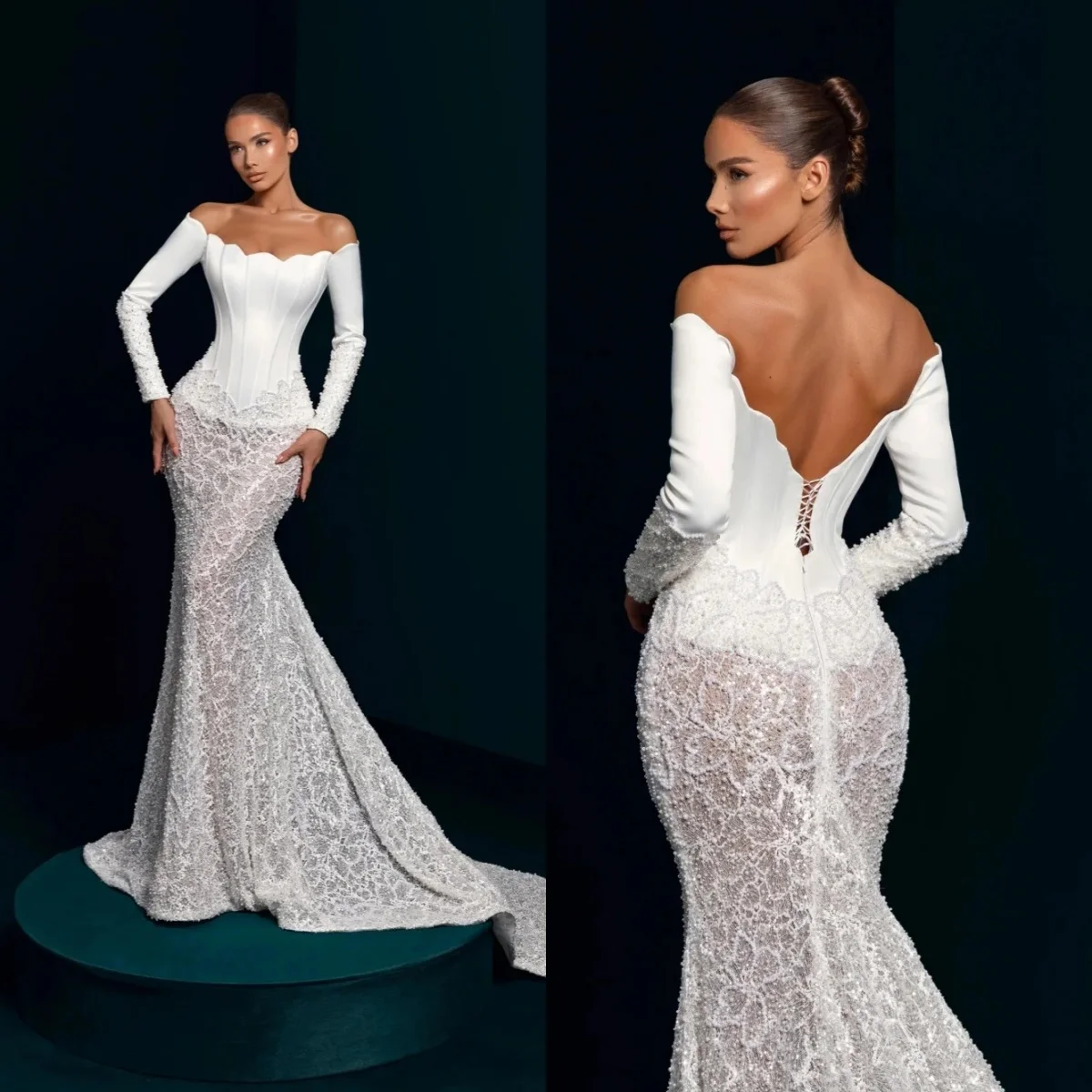 

Simple Wedding Dresses Pearls Sequins Bridal Gowns Off Shoulder Princess Long Sleeves Backless Customized Vestidos De Novia