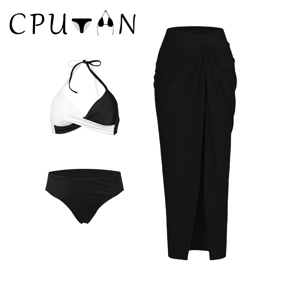 

CPUTAN 2024 Sexy 3 Pieces Push Up Bikini Set Black Halter Women Swimwear Skirt Swimsuit Brazilian Beach Girl Swimming Suit Dress