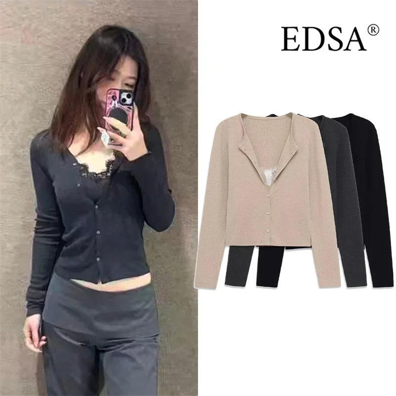 

EDSA женская комбинированная куртка с кружевной отделкой, топ с длинными рукавами и круглым вырезом, весенне-осеннее пальто