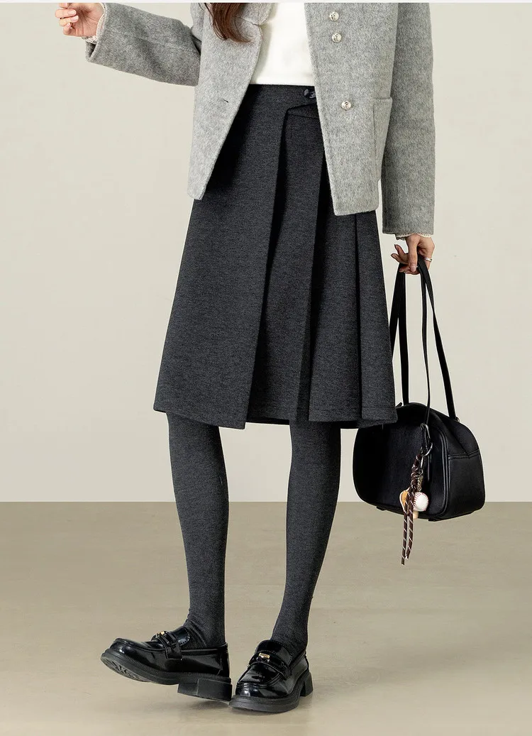 SENTUBILA Damen-Plisseerock aus Wollmischung 2026, hochtaillierter A-Linien-Midirock, eleganter, einfarbiger Winterrock für Damen im Büro 154QP5742 – Detail 10