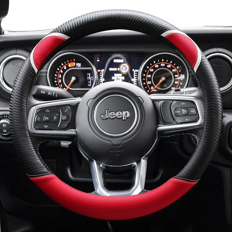 

For Jeep Compass Grand Commander Cherokee Renegade Wrangler Universal Car Steering Wheel Cover Accessories Genuine Leather Red