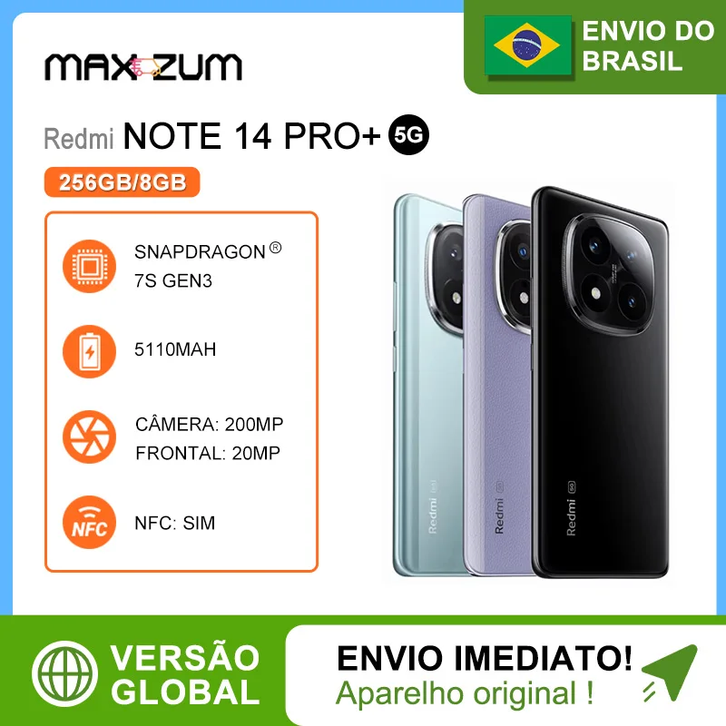 Redmi Note 14 Pro+ 5G 256GB/8GB RAM, Versão Global Câmera 200MP, Bateria 5110 Mah, processador Snapdragon® 7s Gen 3