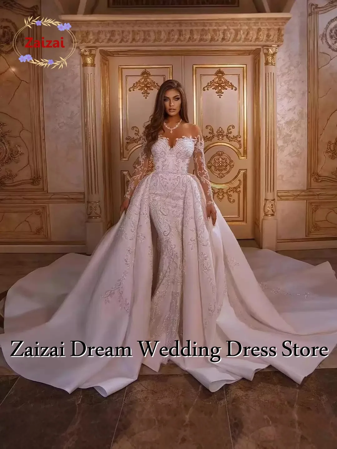 Customised  Luxury Sexy Illusion Mermaid Wedding Dresses With Detachable Applique Beading Lace Bridal Gowns Vestidos De Novia