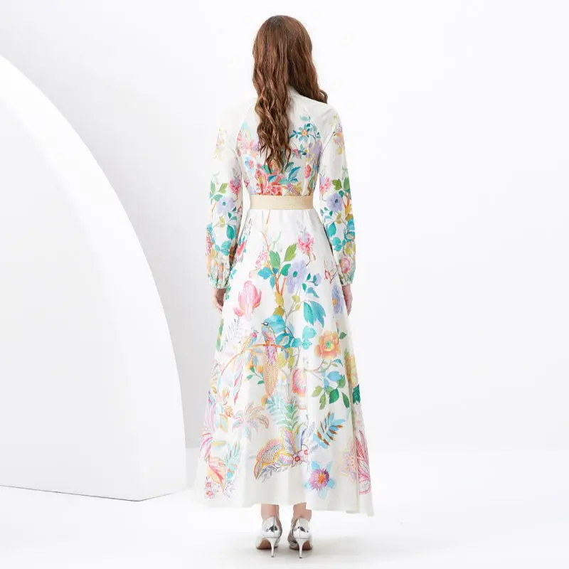 TRAF Elegant Linen Floral Holiday Robe Maxi Dress Women Spring Summer Fashion Stand Long Sleeve Sashes  Floral Print Vestidos