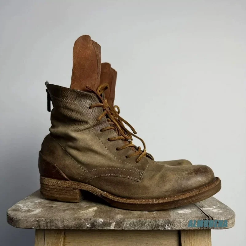 

Brown Leather Round Toe Low Heel Lace-Up Ankle Boots Men's Street Style Fashion Autumn Winter Outdoor Casual Work Boots