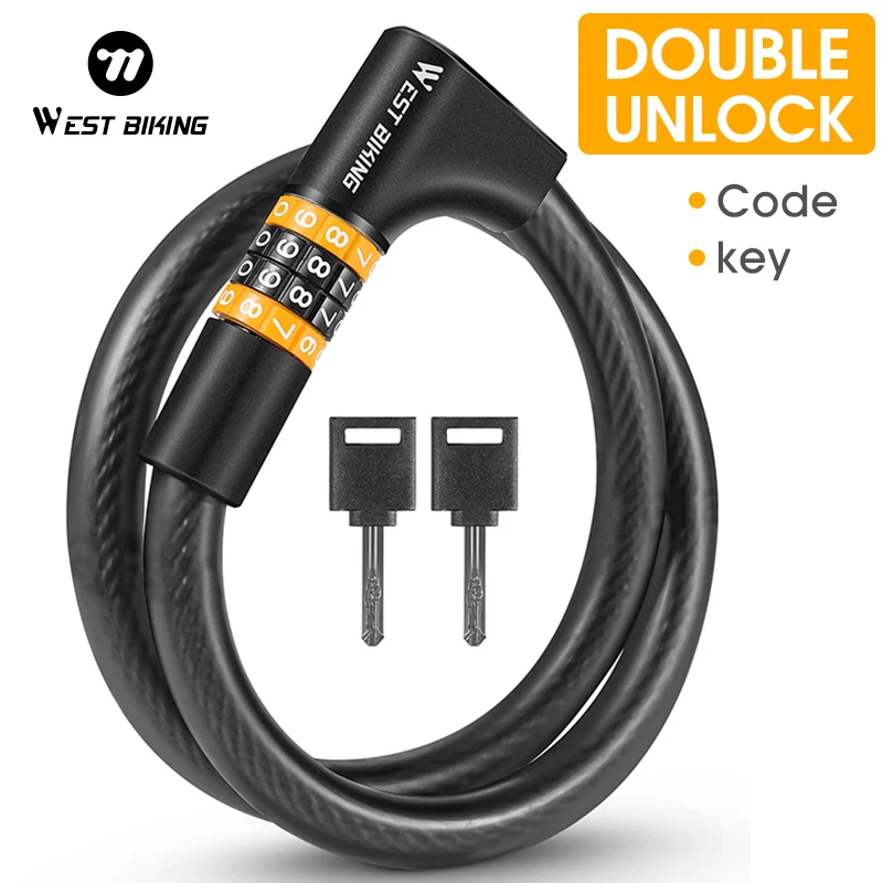 

WEST BIKING Password Key Bicycle Lock Anti-theft 4 Digit Code MTB Road Bike Cable Lock Steel Scooter Safety Lock Accessories