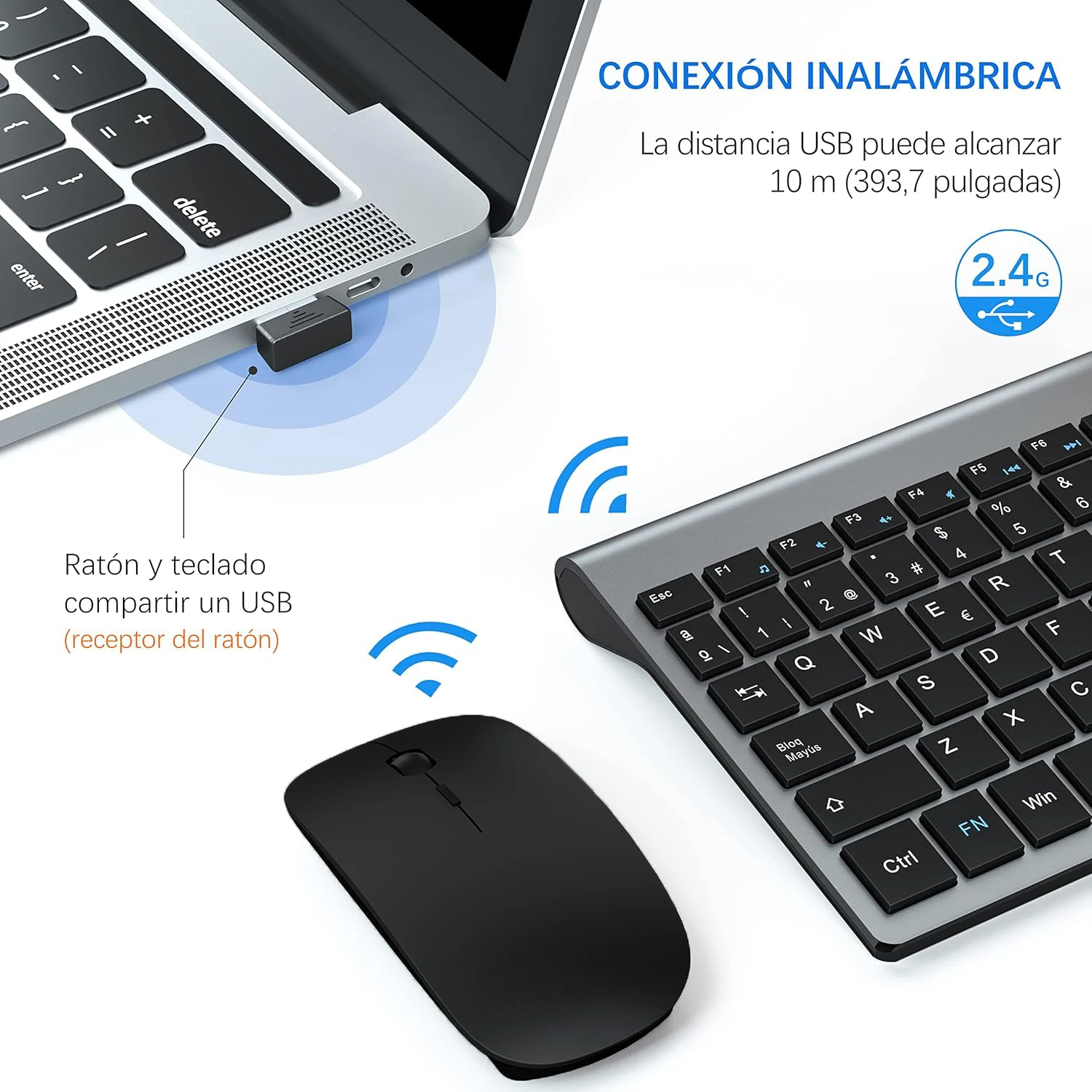 Ultra Slim Spanish Layout Wireless Keyboard Mouse Combo 2.4G Silent Energy Saving for Windows PC Laptop TV Box