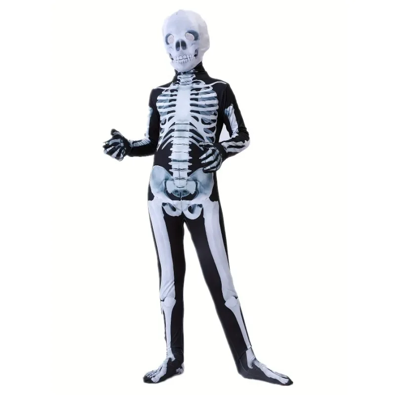 3-12Y Kids Halloween Skeleton Jumpsuit Role Play Costume with Mask for Boys Girls Spooky Bone Costume Party Costume
