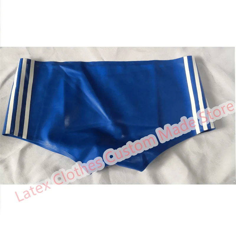 Latex Shorts Panties Sexy Fetish Underwear Men Boxer Blue with White Trim