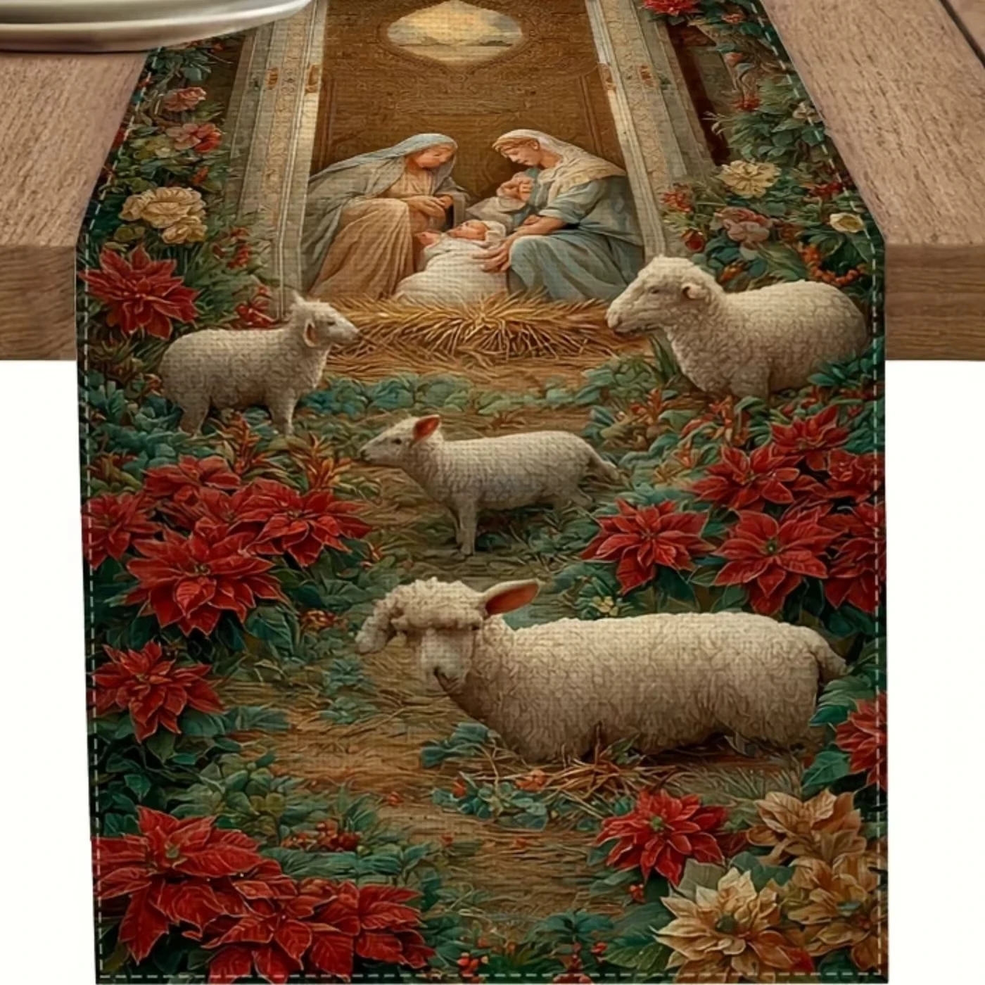 

A religious theme Christmas Table Runner J the scene of Jesus' birth Design Holiday Decor for Dining Tables Rustic Home Decor