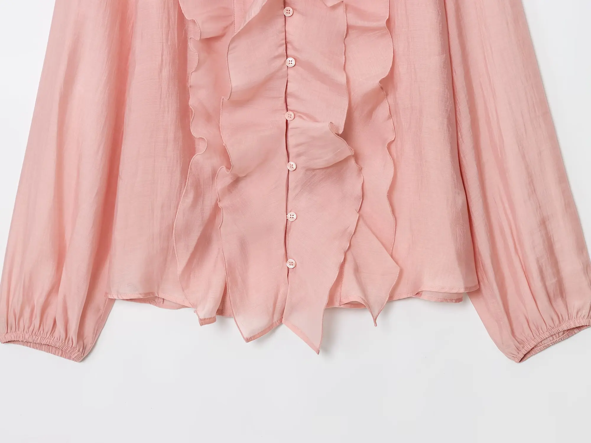 HH Französischer Stil Rosa Rüschenbesatz Bluse Damen V-Ausschnitt Knopfleiste Chiffon Elegant Sommer Urlaub Strand Business-Kleidung – Detail 9