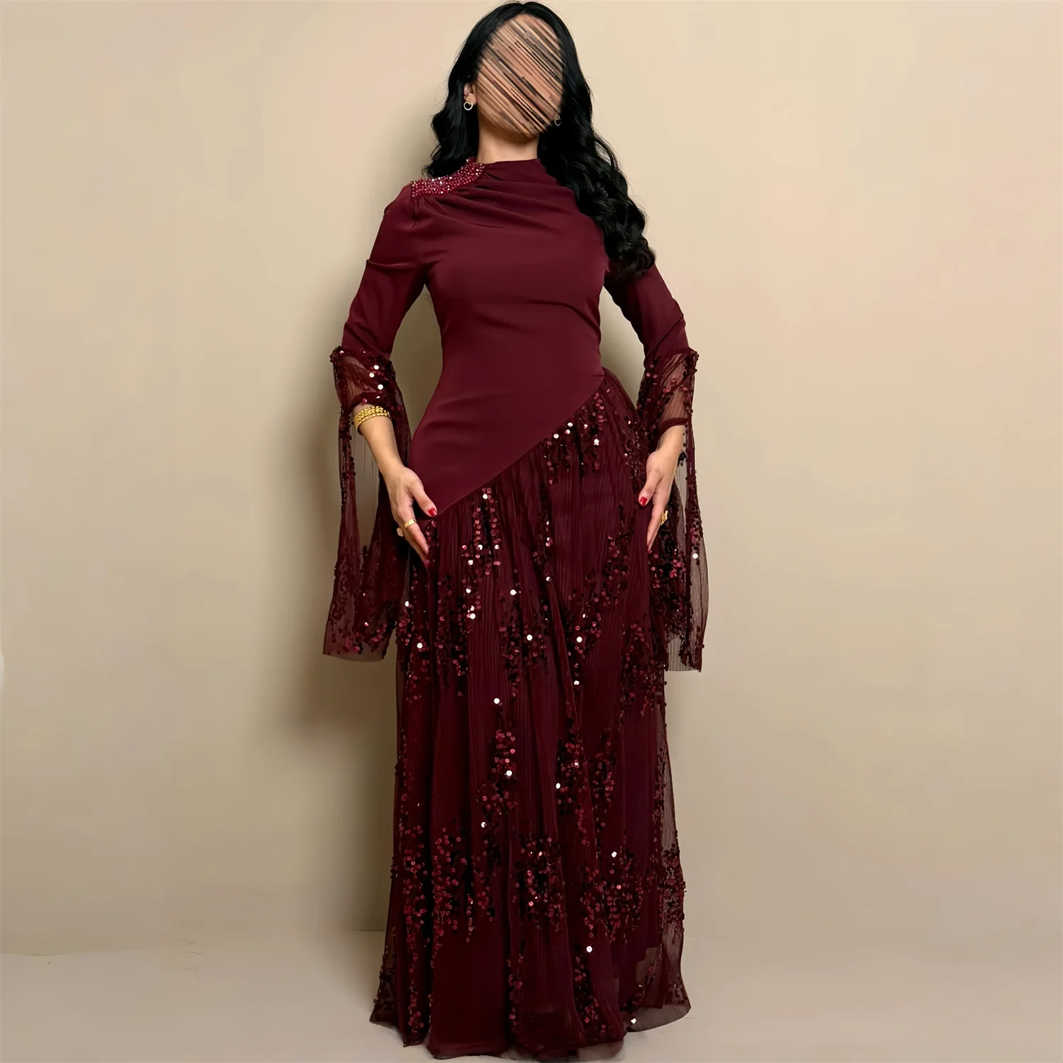 

EDECPBM Sequined Evening Dress Women Modest Arabic Dubai Style Burgundy Tulle Formal Events Party Customized فساتين سهره New