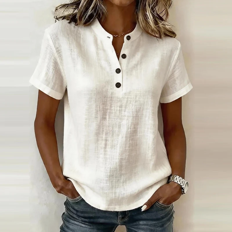 Summer Short Sleeve Basic Blouses Women's Shirts Solid Color V Neck Button Shirts Women Casual Cotton Linen Loose Tops Pullover - view 3