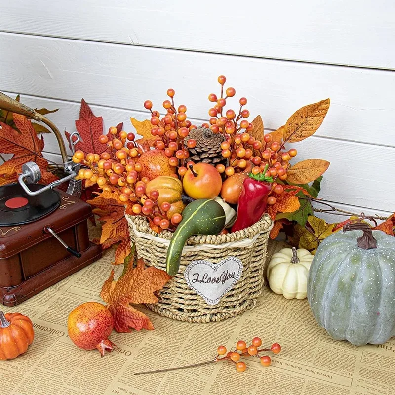 10 Stück Schaumstoff Künstliche Stechpalmenbeeren Orange Beerenzweige für Herbst Thanksgiving Ernte Weihnachtsbaum DIY Home Navidad Dekor – Detail 3