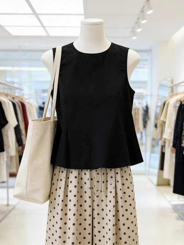 

Large Size Korean Style Sleeveless Black Versatile Top And Polka Dot Wide Leg Pants Two Piece Set for Women Summer Fashion