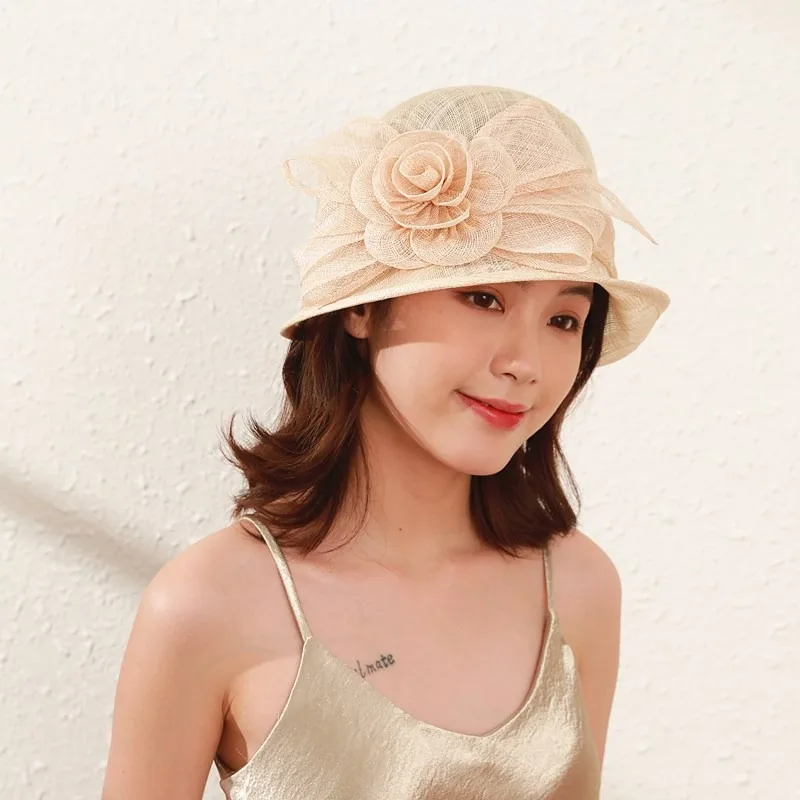 Elegant Court Linen Fascinators Rose Linen Top Hat Summer Sun Shading Large Brim Millinery Hat Women\'s Banquet Hat