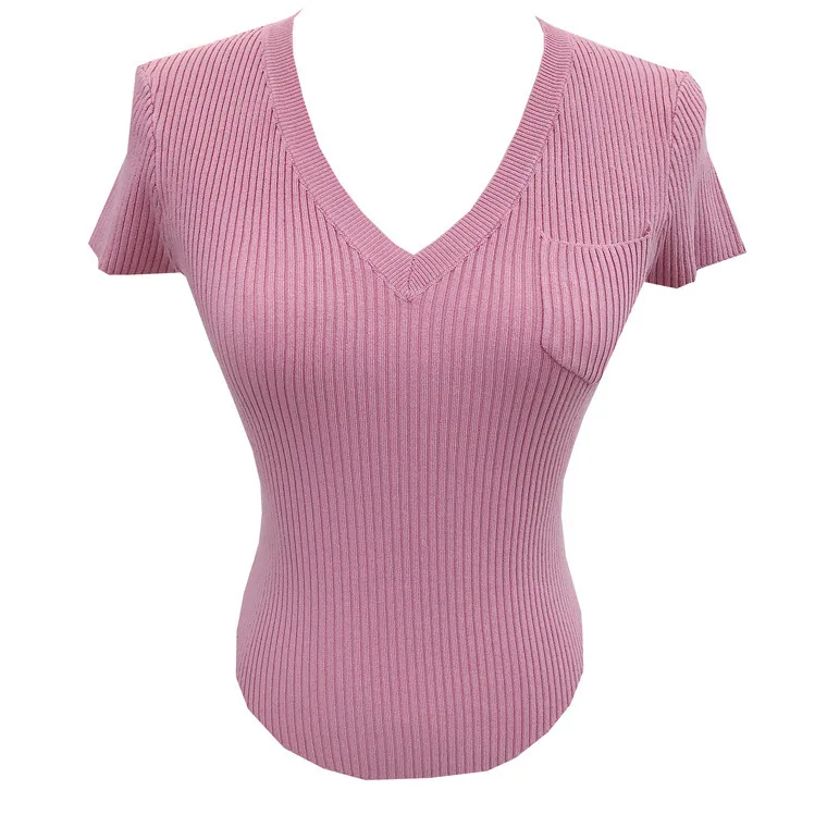 7066 Summer New Pure Desire Sweet Age-Reducing Deep V-Neck Pocket Irregular High-Waisted Short Slim Sexy T-Shirt For Women