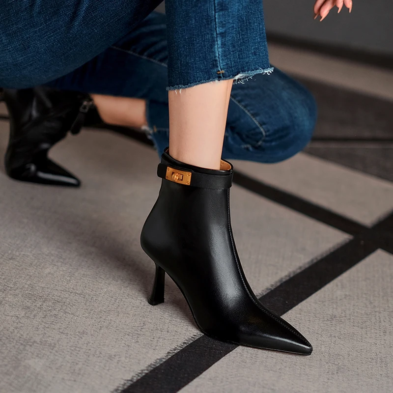 2024 New Autumn Winter Women Boot Cow Leather Short Boots Fashion Women Shoes Pointed Toe Stiletto Heels Modern Boots