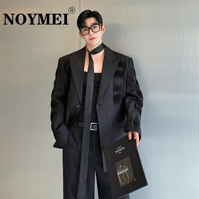 NOYMEI Pleated Personality Blazer Men's Temperament Tailored Collar Single Button Solid Color Autumn New Coat WA5771