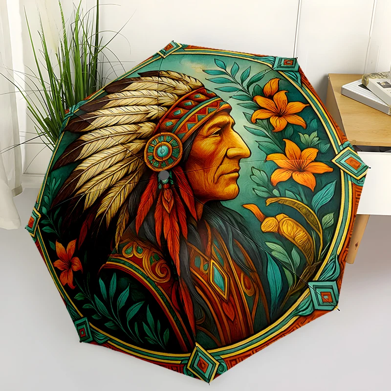 Ethnic Tribal Style Folding Umbrella - Fashionable Auto-Open Design 8 Iron Ribs Plastic Handle Foldable Sunshade，Perfect Gifts