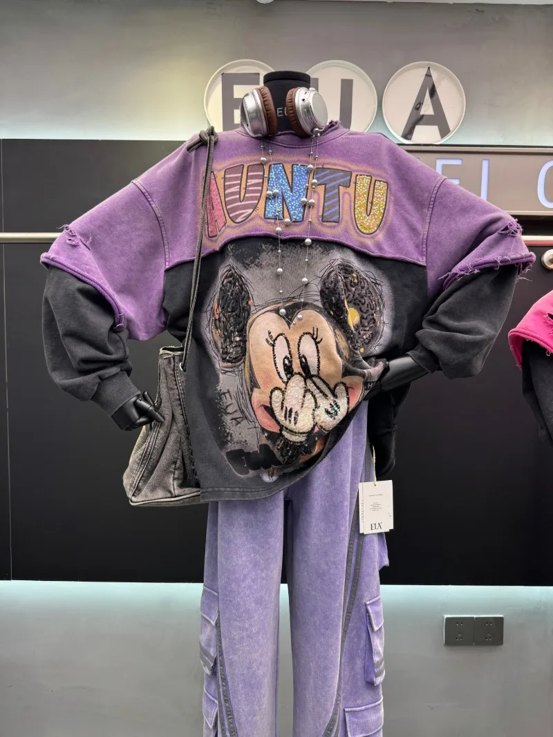 Heavy Industry Color Block Cartoon Sweatshirt Women's Loose Casual Slimming Top 2025 Autumn New Long Sleeves Pullover Sudaderas