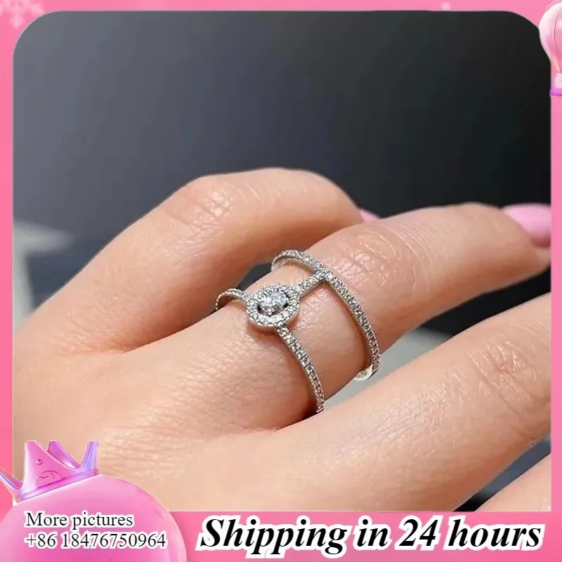 Anillo de boda de plata de ley 925 con doble anillo hueco a la moda para mujer. Regalos de joyería de lujo