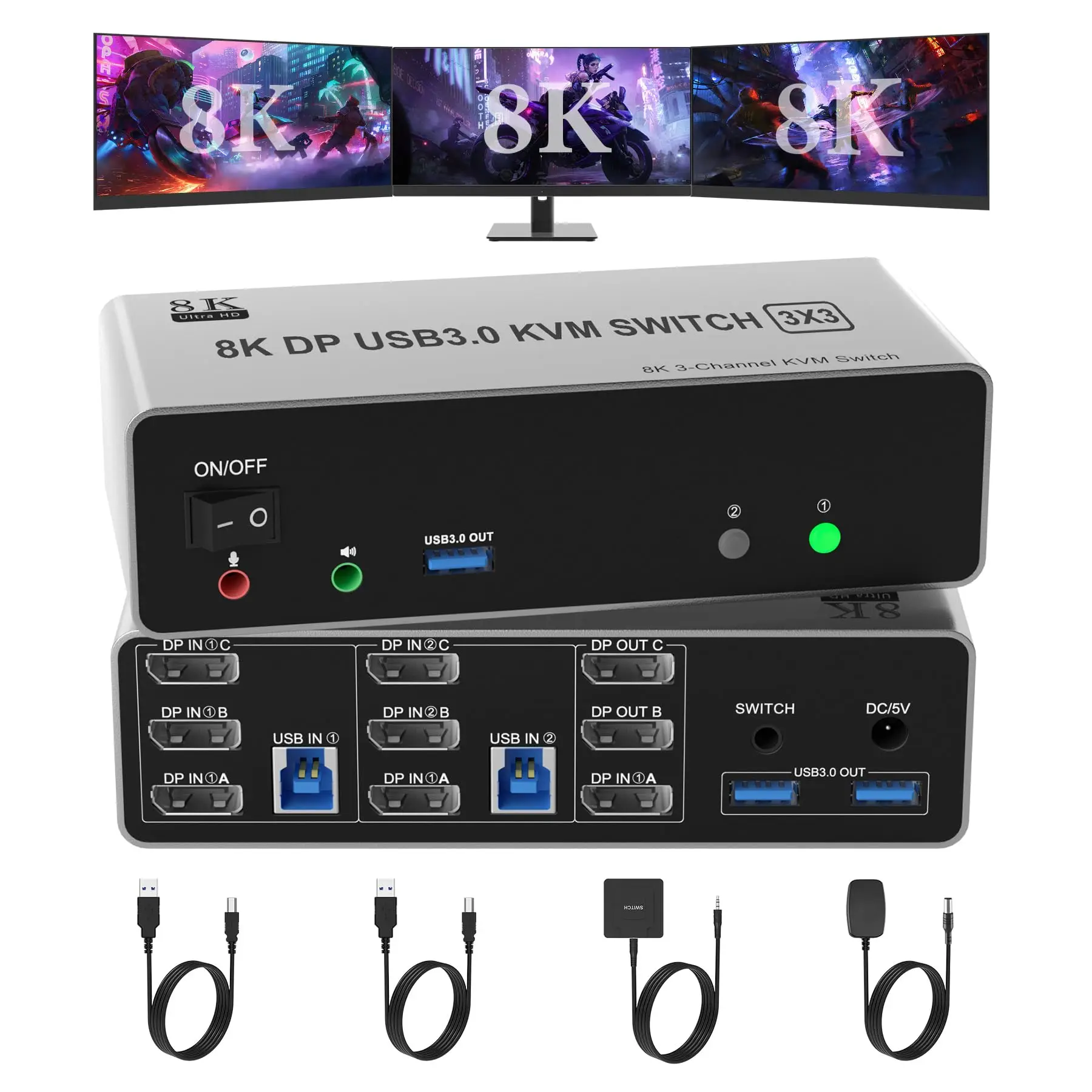 8K@60Hz Displayport KVM Switch 3 Monitors 2 Computers,DP 1.4 KVM Switch Triple Monitor for 2 Computer Share 3 Monitor