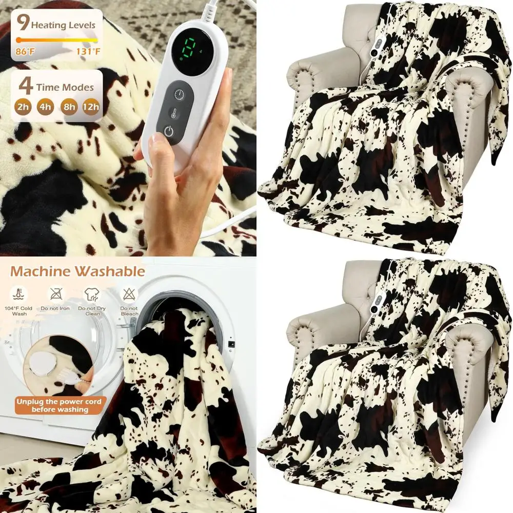 

Queen Size Cow Print Electric Blanket, 90x90, Dual Control, 9 Heat Settings, Auto-Off Timer