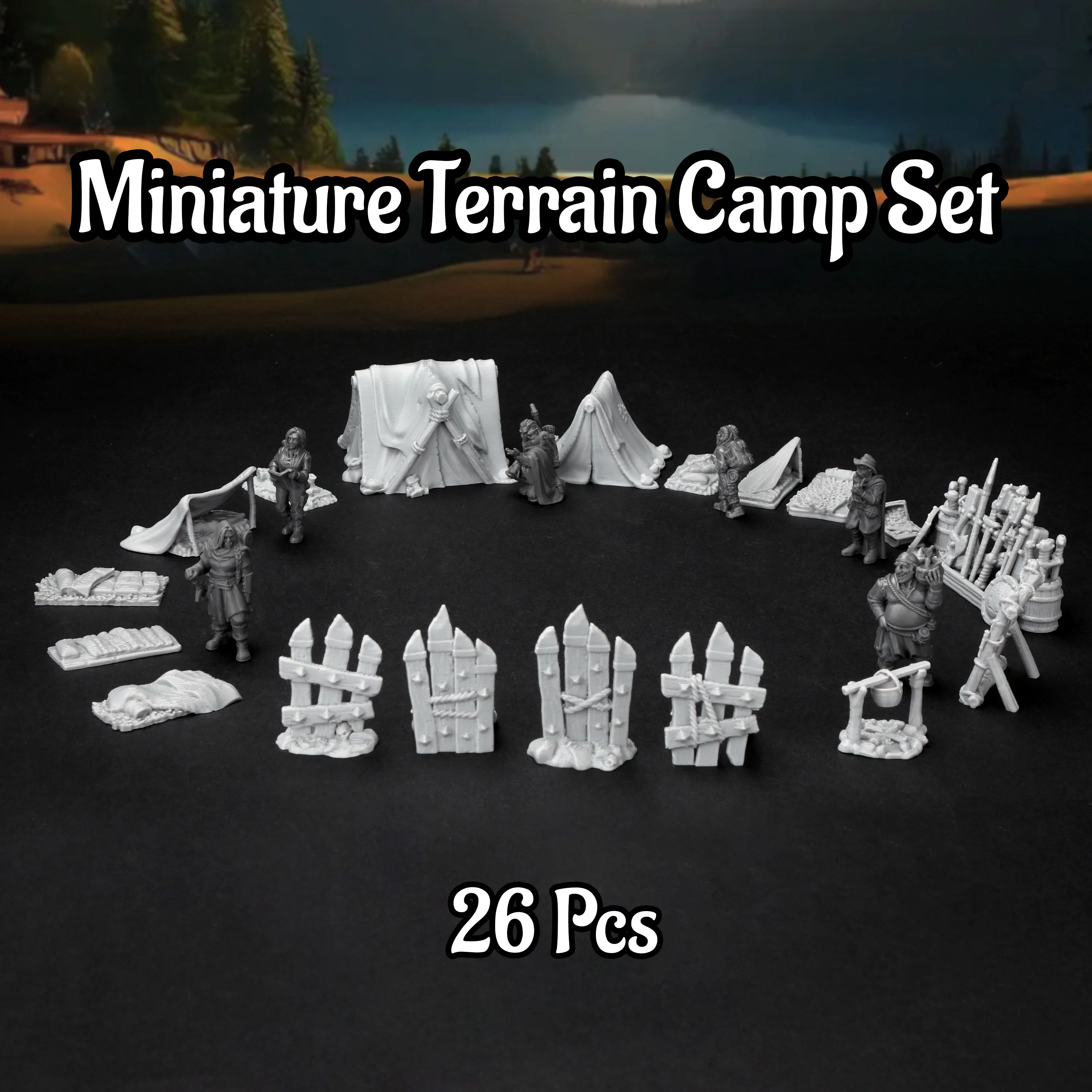 RPG Camp Terrain Set - Adventurer's Outdoor Terrain & Mini Figures, 28mm Scale RPG Accessories, Collectible Gift for TTRPG Fans