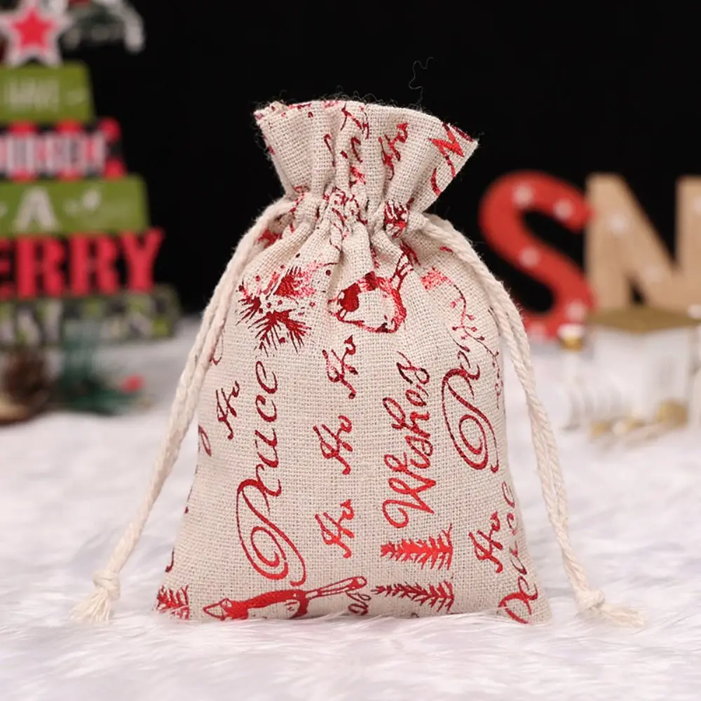 10Pcs Linen Christmas Candy Cotton Bag Santa Claus Hot Gold Christmas Bronzing Gift Bag Snowflake Drawstring Christmas Gift Bag