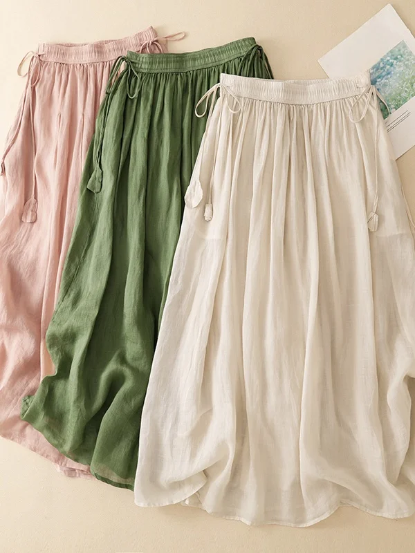 Elegant Simple Cotton Linen A-Line Skirt Women Summer High Waist Double Layer Wide Hemline  Knot Casual Skirt