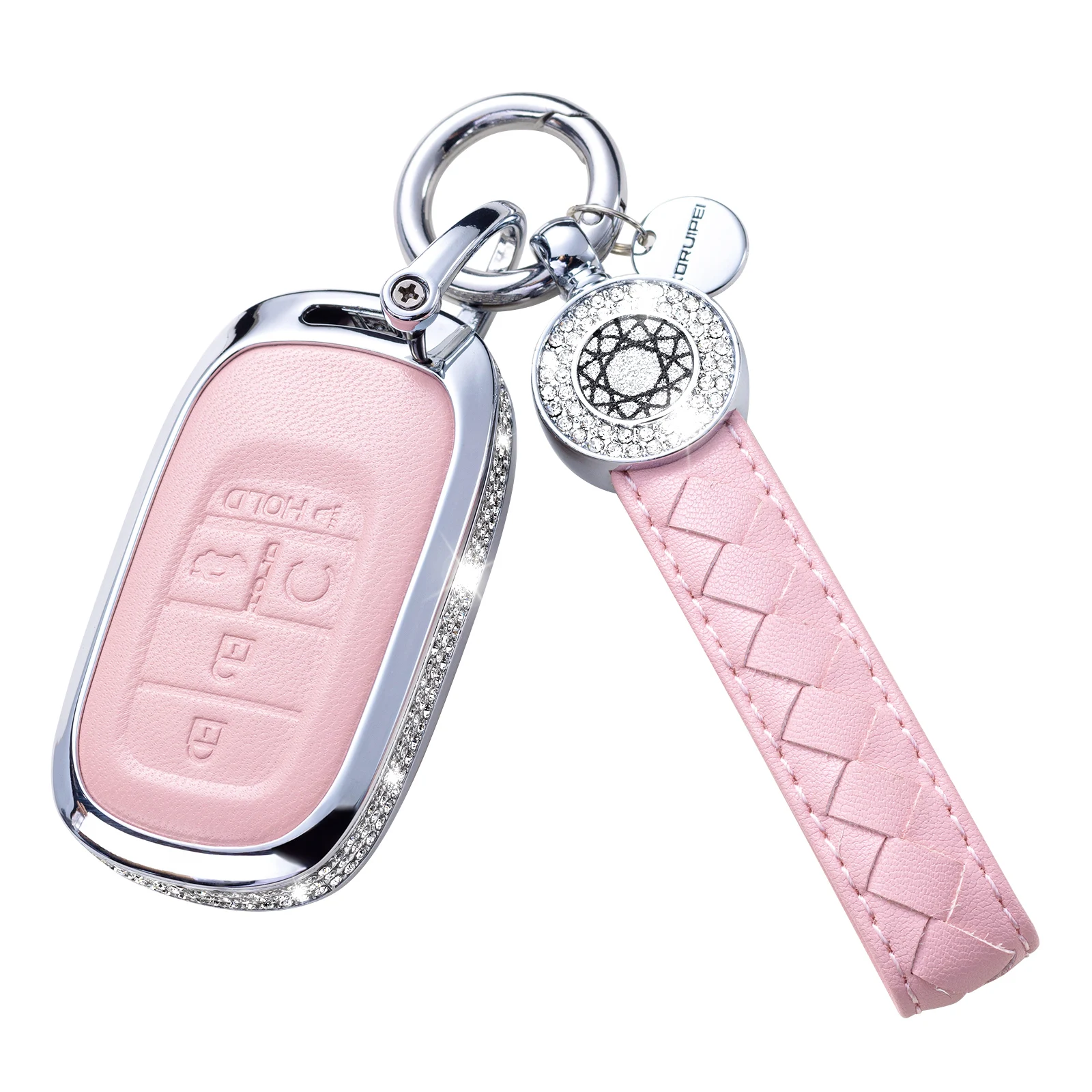 RUABIBAN for Honda Key Fob Cover with Keychain, Pink Genuine Leather Crystal Key Case Protection Shell Compatible with 2022 Hond