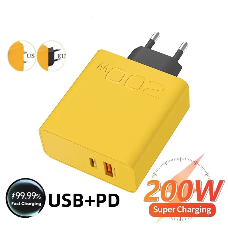 Caricatore ultra veloce da 200 W USB PD 2-in-1 Tipo C Caricatore rapido per telefono GaN per Iphone Huawei Samsung Xiaomi Oppo Spina UE USA ﻿