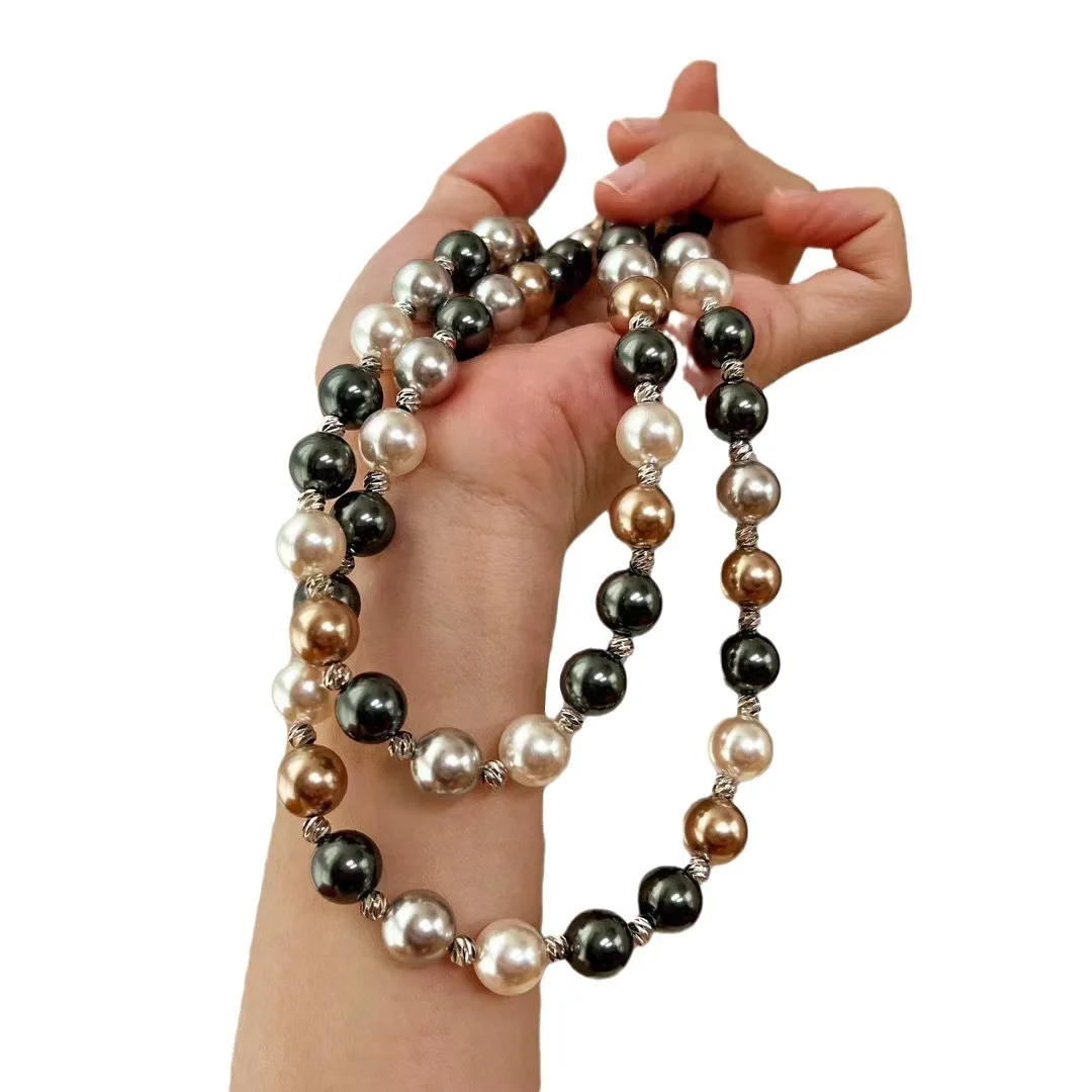 New retro high-quality Maillard style diamond ball buckle Shijia round 12mm shell pearl necklace collarbone chain atmosphere