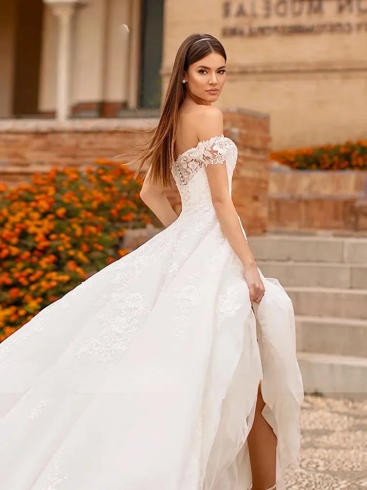 

customized A-Line Wedding Dresses For Women Sexy Delicate Appliques V-Neck Off the Shoulder Backless Lace Up Bridal Gown