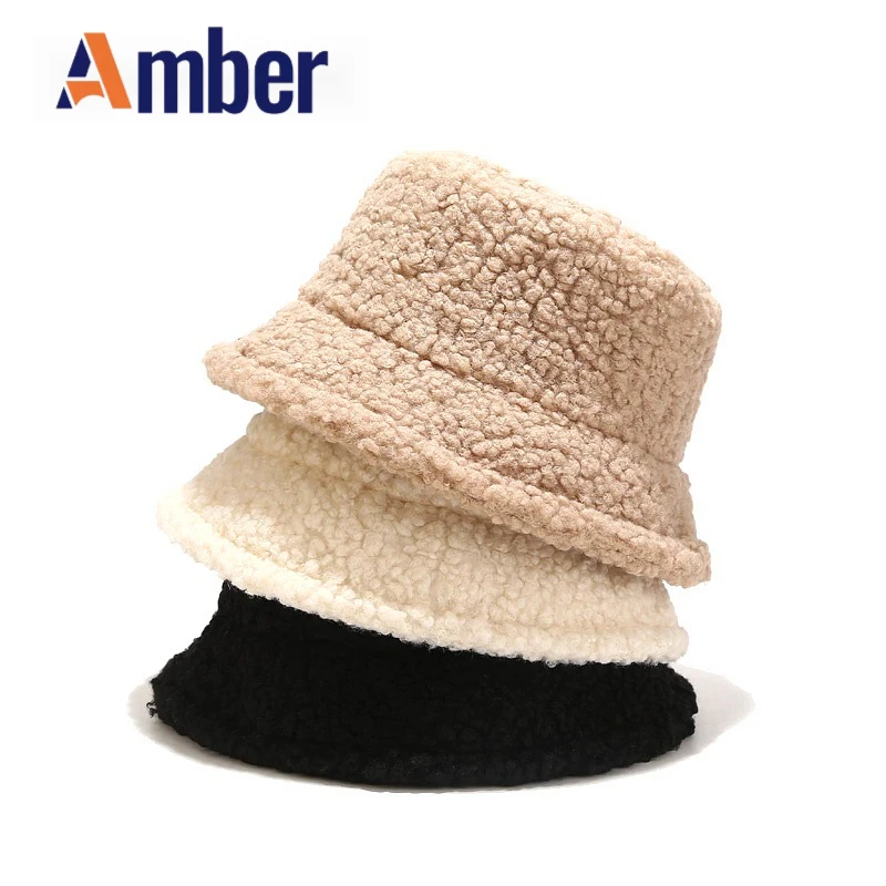 

Amber fur bucket hat fuzzy bucket hats solid color cap for women fisherman hats foldable winter outdoor soft lamb faux