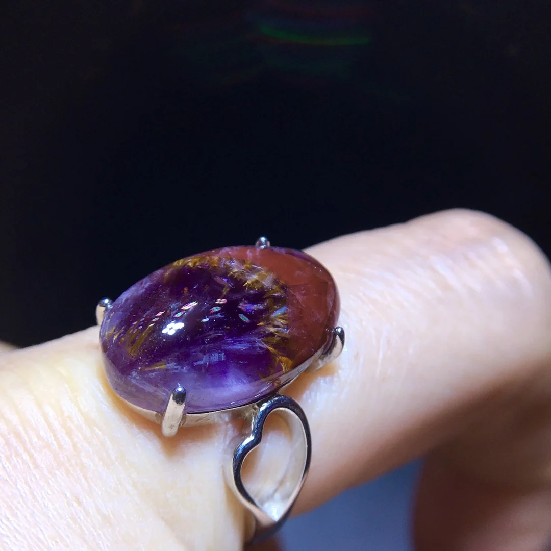 

Natural Purple Cacoxenite Rutilated Adjustable Ring 17.8/11mm Fashion Gift Auralite 23 Ring Healing AAAAA