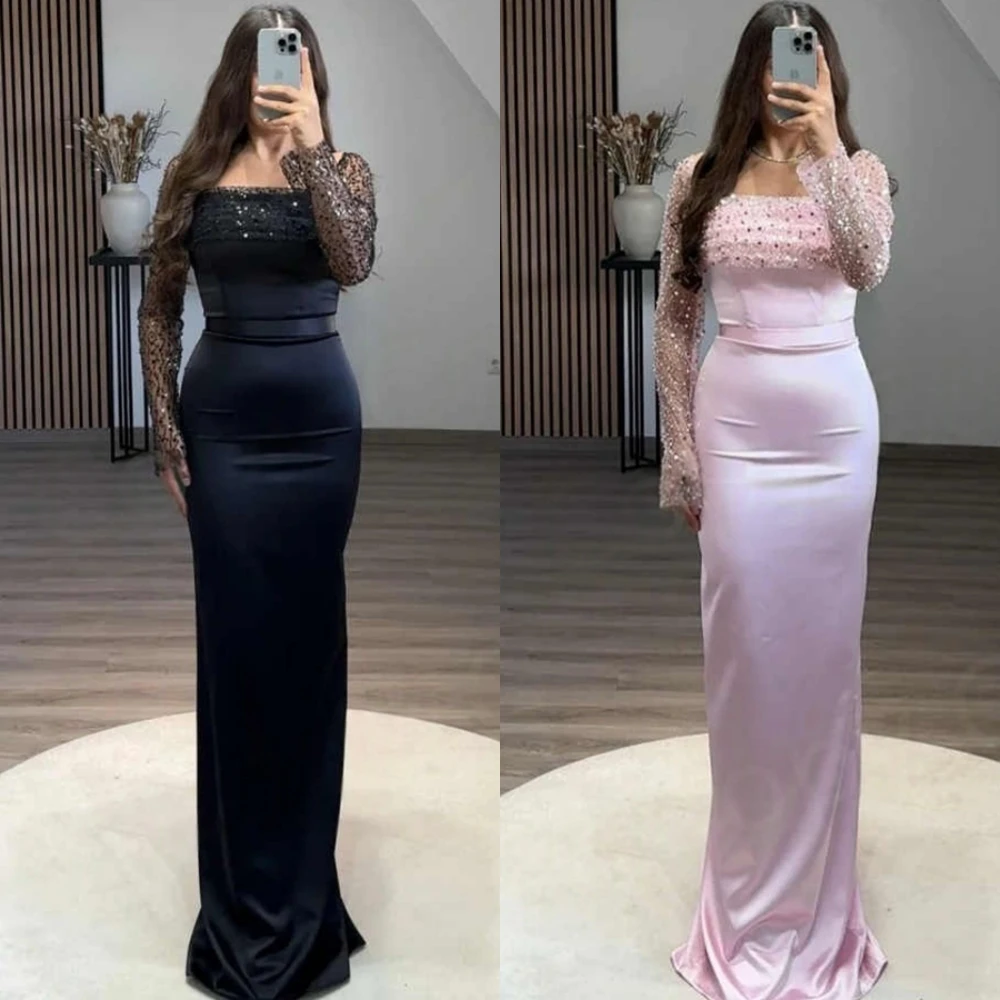 

Customized Exquisite Mermaid Satin Evening Dress Sparkly Sequined Crystal Party Dress Simple Long Sleeves Bespoke Occasion Gowns