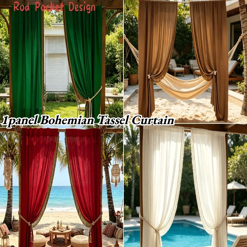 1panel Bohemian Velvet Tassel Curtain Ethnic Style Room Darkening Privacy Curtain for Bedroom Window Privacy Blocking, Living Ro