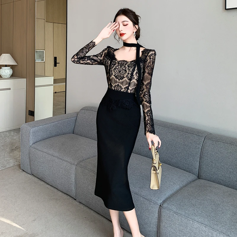 Fashion Sexy New Women Square Collar Bodycon Midi Dress French Spring Lace Hollow Out Patchwork Long Sleeve Black Split Clothes