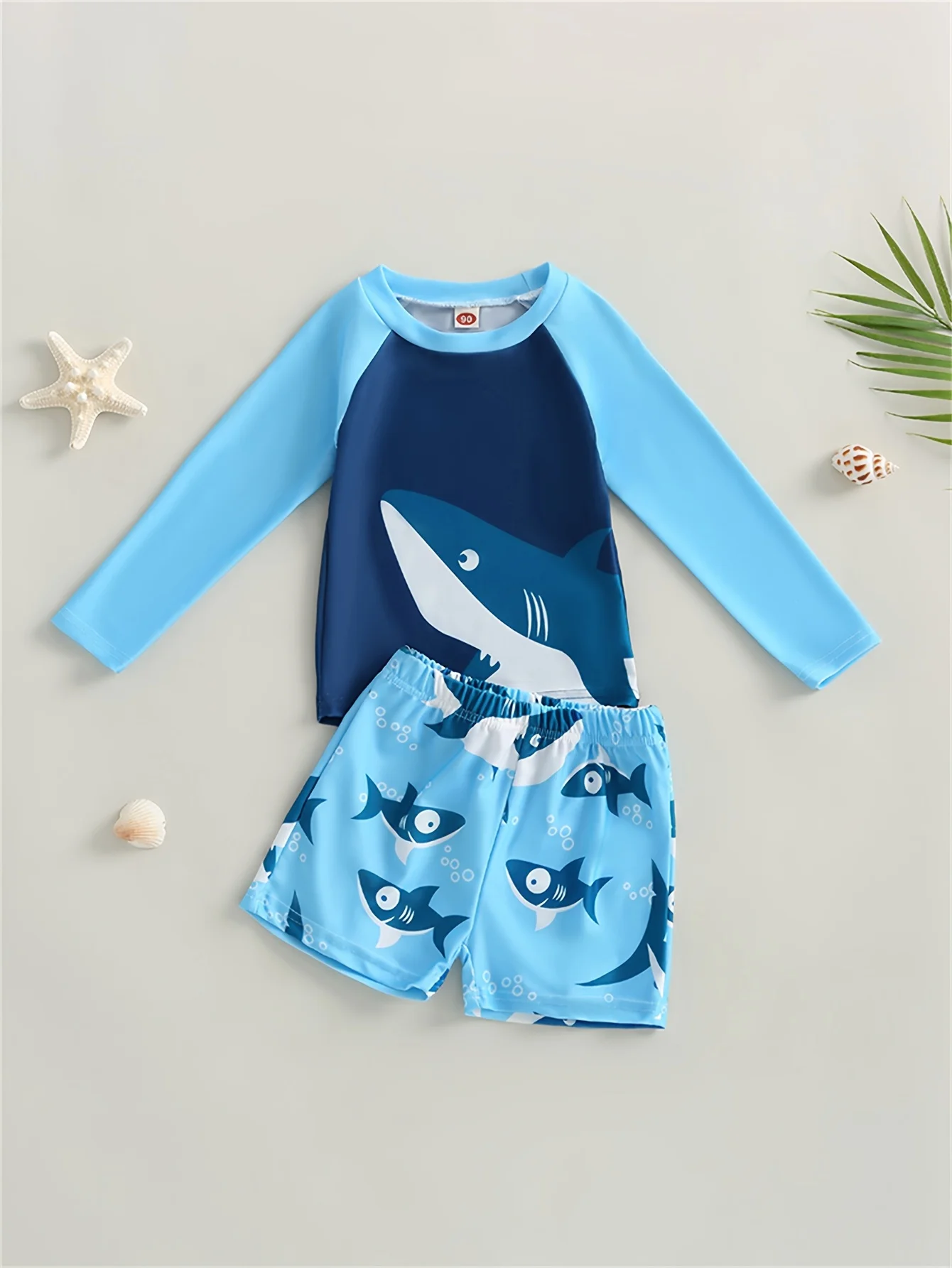 2pcs Funny Shark Pattern Swimsuit For Baby Boys, Long Sleeve Top & Swim Trunks Set, Stretchy Bathing Suit, Baby\'s Swimwear For B