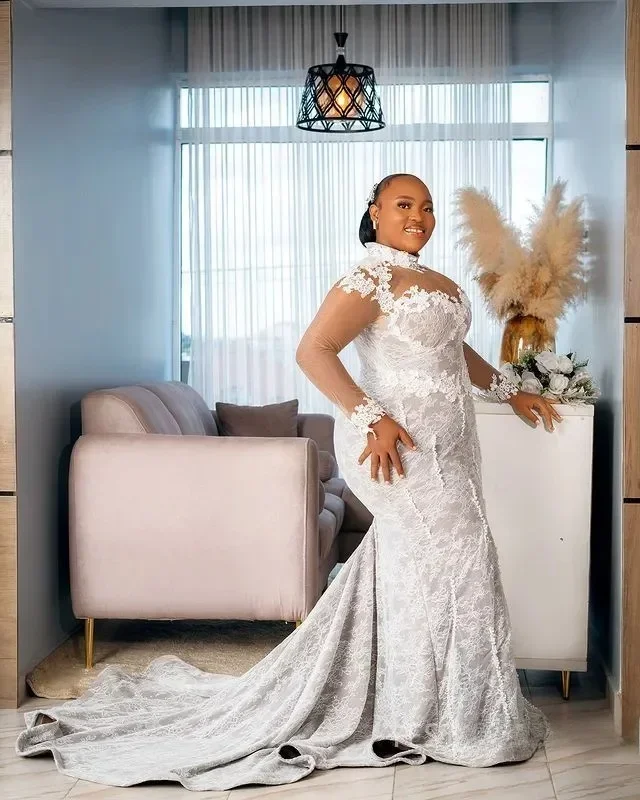 Personalizado plus size vestido de casamento para noiva sereia vestidos de noiva ilusão alta pescoço mangas compridas renda frisada