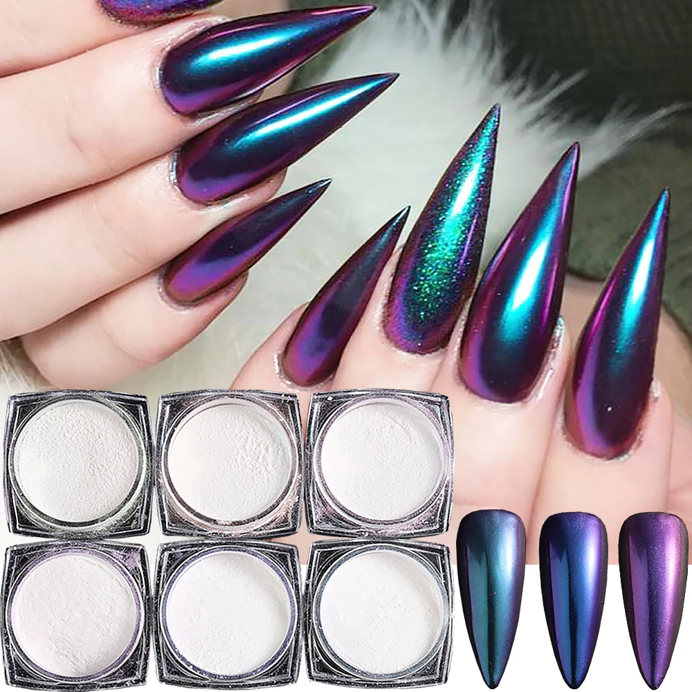 6 teile/satz Chamäleon Nagel Chrom Pulver blau grün Metall Hochglanz effekt Reiben Staub Gel politur Maniküre Glitzer Pigment nt6gbsx