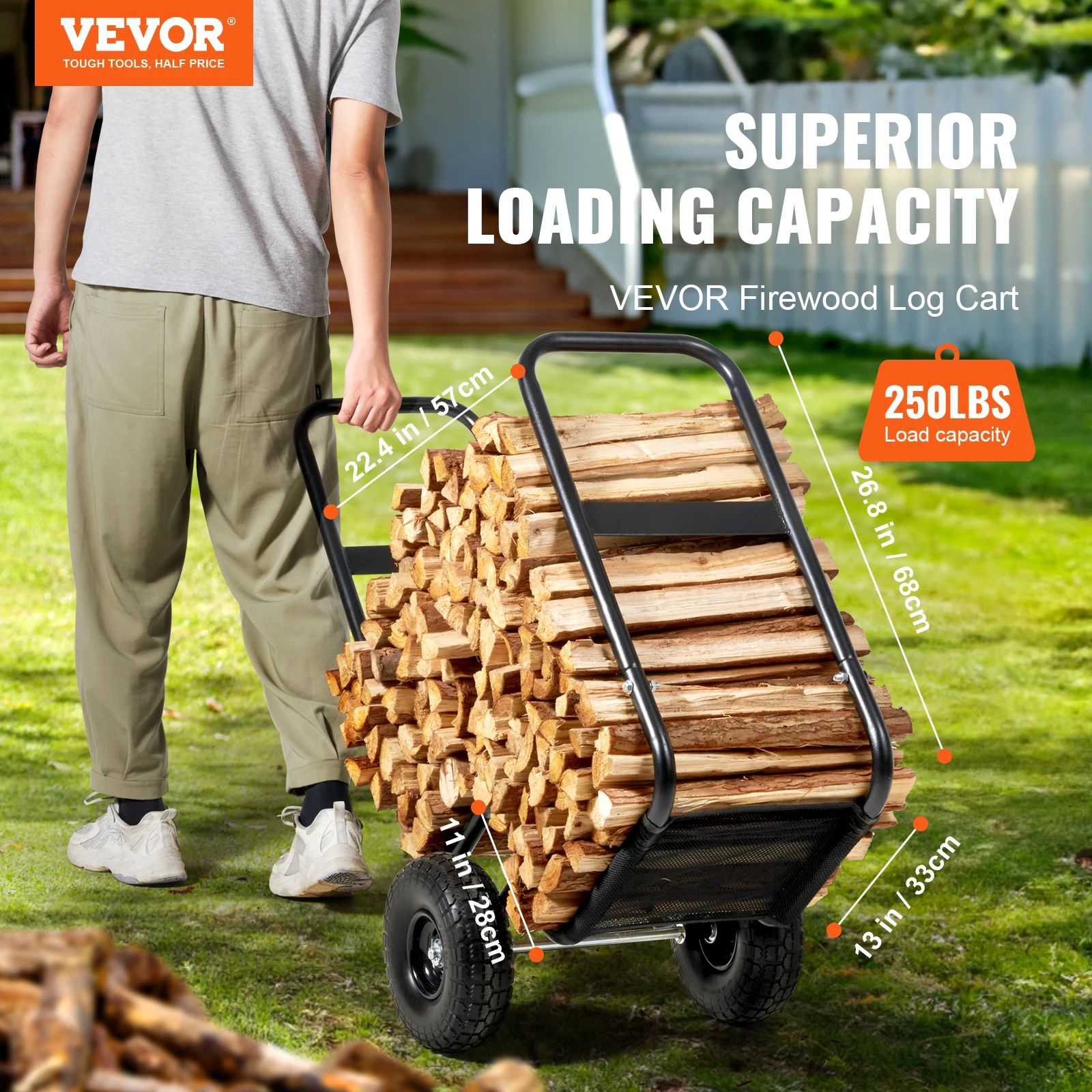 VEVOR Firewood Log Cart Outdoor and Indoor Wood Rack Storage Mover with Wheels Heavy Duty Steel for Fireplace Fire Pit Black