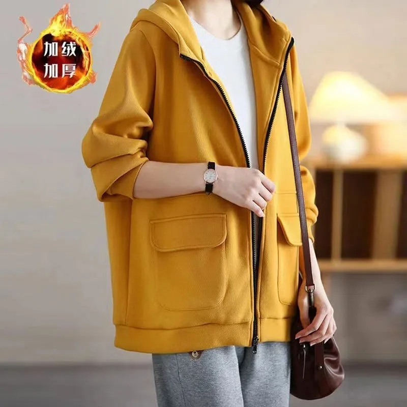 

Female Simple Literary Temperament Casual Joker Loose Slim Korean Coat 2023 Spring Women Pure Colour Hooded Jacket Slim Cardiga