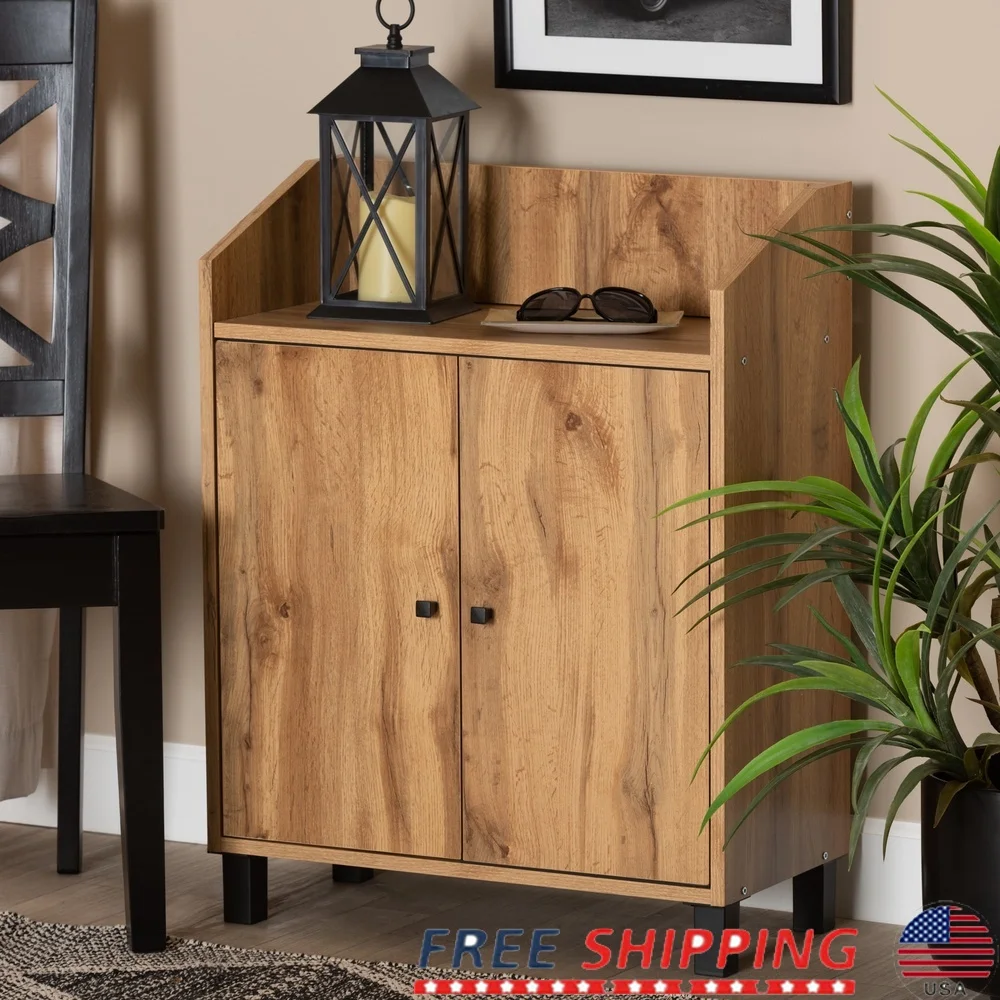 

Modern Oak Wood 2-Door Shoe Storage Cabinet with Ventilation Shelves Entryway Clutter-Free Organization Indoor Furniture